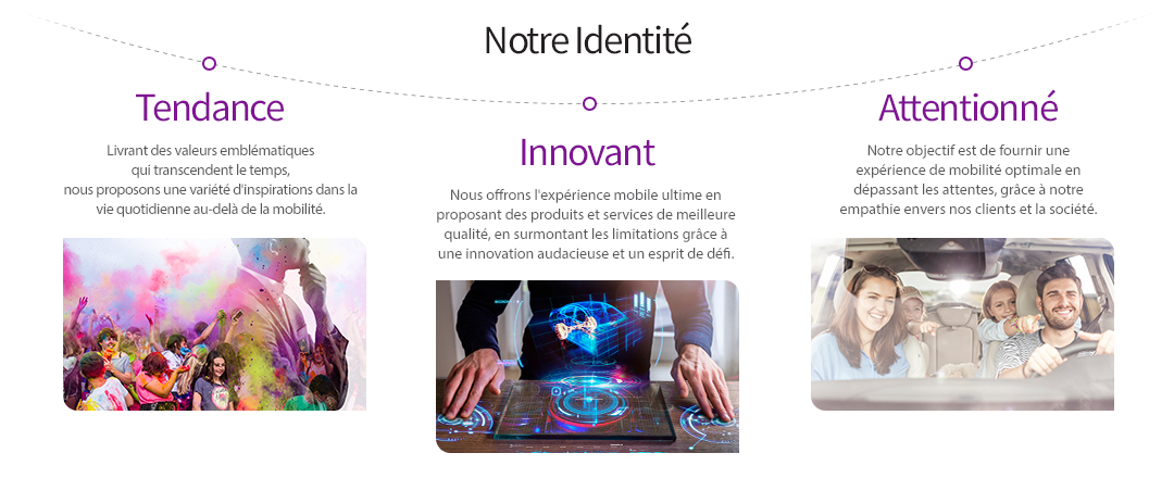 TRENDY-Improve customers’ quality of life by thinking ahead and creatively to solve problems  / INNOVATIVE-Enhance convenience for customers with an adventurous mindset to develop perfect products and services  / CARING-Strive together towards touching the hearts of customers and society