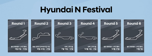 Hyundai N Festival Round 1 용인 에버랜드 스피드웨이 5월 9일 - 10일, Round 2 영암 코리아 인터내셔널 셔킷 6월 20일 - 21일 , Round 3 인제 스피디움 7월 11일 - 12일, Round 4 인제 스피디움 10월 3일 - 4일, Round 4 용인 에버랜드 스피드웨이 10월 31일 - 이미지 출처: 현대 N페스티벌